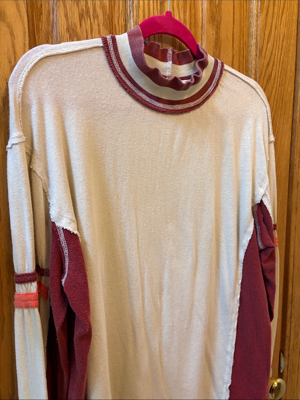 We The Free Cream Turtleneck Sweater with Burgundy Panels and Coral Accents - Picture 8 of 10